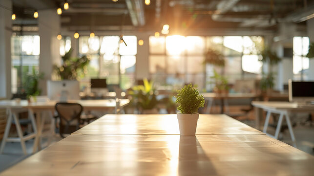 A hybrid team's workspace with some desks equipped for hot desking, adapting to flexible work arrangements, remote and hybrid work concept, blurred background, with copy space
