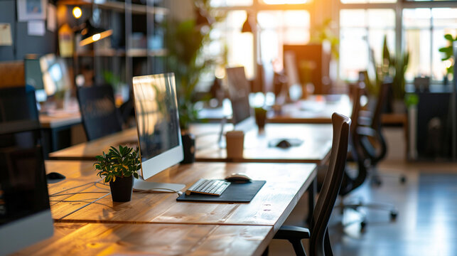 A hybrid team's workspace with some desks equipped for hot desking, adapting to flexible work arrangements, remote and hybrid work concept, blurred background, with copy space