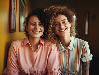 Young lgbtqi couple smiling while sitting together at home