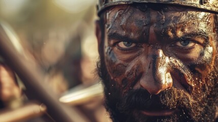 A closeup of a Numidian warriors face fierce determination etched in his features as he grips his spear tightly while riding into battle. - obrazy, fototapety, plakaty