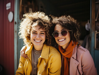 Smiling lgbtqi couple sitting outside of a cabin during a getaway