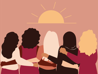 Strong Five women of different ethnicities and cultures stand side by side together while watching the sunrise. Group of brave girls support each other's goal. Women empowerment and gender equality. - obrazy, fototapety, plakaty
