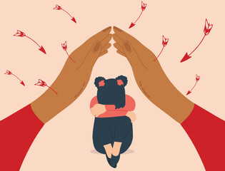 Mother using her hands as a shield to protect her girl from danger. Strong mom defends her daughter against threats. Crying child sitting on the floor and crying. Family support concept. Vector Stock