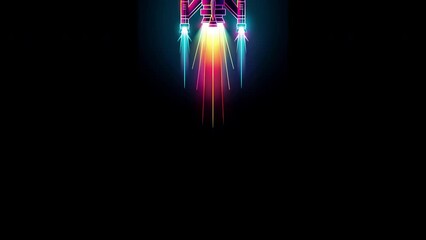 Drawn neon space rocket is flying on a solid black background. High quality 4k footage
