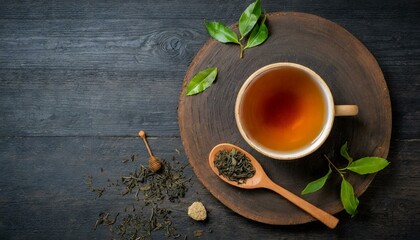 A wooden table set with a cup of tea, tea leaves, and a wooden spoon. The circle of the cup contrasts with the natural elements of wood and plant life. Text space, left  - obrazy, fototapety, plakaty