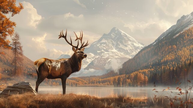 Majestic Autumn view of a red deer, Watercolor landscape. Mountains, forests, and deer.Ai generated