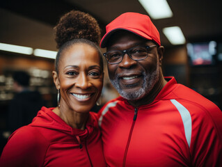 Smiling mature african american couple in sportswear standing in a gym