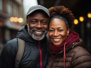 Mature african american couple smiling in the city on a winter day
