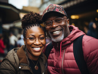 Smiling mature african american couple standing in the city in winter
