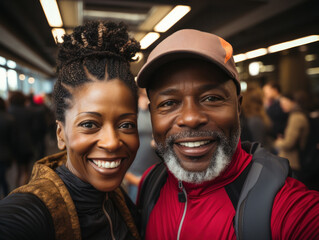 Smiling mature african american couple taking a selfie together in the city