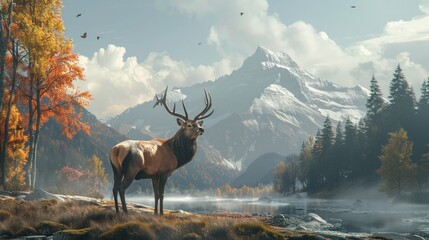 Majestic Autumn view of a red deer, Watercolor landscape. Mountains, forests, and deer.Ai generated