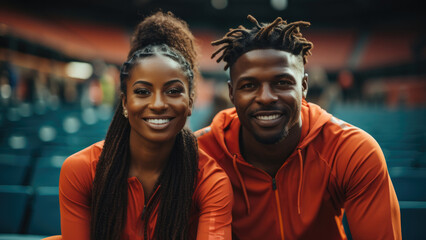 Fit young couple smiling while sitting in stadium bleachers