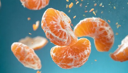 Peeled flying tangerines on blue background