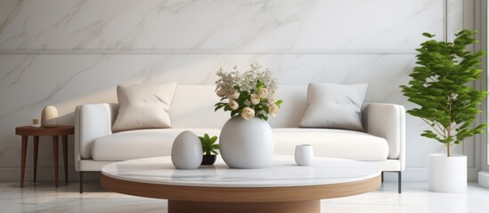 A modern living room featuring white furniture against a backdrop of a luxurious marble wall. The room exudes sophistication and elegance with its clean lines and minimalist design.