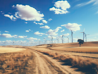 Wind farm on the horizon on dry lands on a sunny day