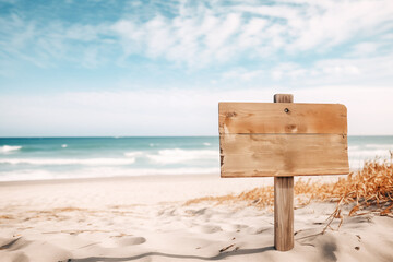 Naklejka premium Beach signboard: A vintage wooden sign stands against a backdrop of ocean waves and sandy shores.