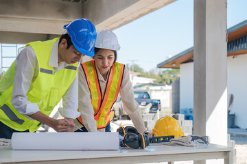 Civil engineer teams meeting working together wear worker helmets hardhat on construction site in...