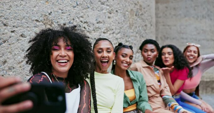 Friends, women and selfie outdoor, influencer group and memory in the city for social media post. Happiness in picture, content creation and unique pose with smile, photography and diversity
