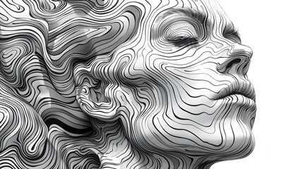 Stylish Black and White 3D Digital Illustration of a Womans Portrait with Wavy Texture