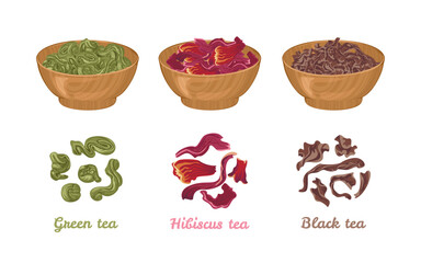 Tea in wooden bowls. Vector cartoon illustration of green, black and hibiscus tea. © Sunnydream
