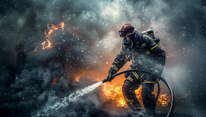 fireman putting out fire in a huge dark smoke