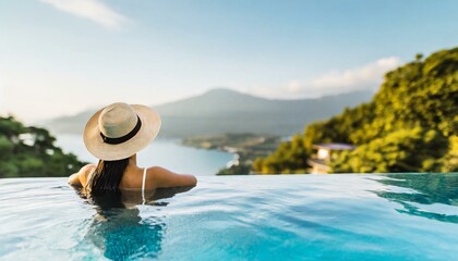 Fototapeta na wymiar Luxury swimming pool spa resort travel honeymoon destination woman relaxing in infinity pool at hotel nature background summer holiday. 