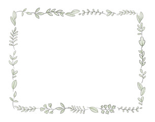 Rectangle frame with varied simple small leaves and berries isolated on white background. Watercolor hand drawn illustration