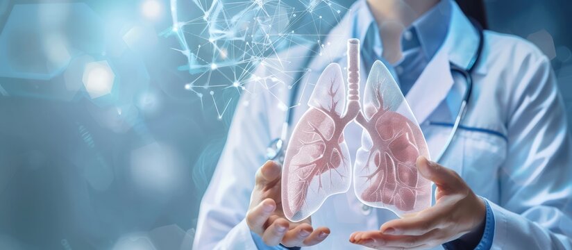 Illustration woman doctor with stethoscope while holding virtual lungs in hand. AI generated image