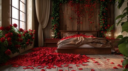 Valentine's feel interior with a bed strewn with red roses - obrazy, fototapety, plakaty