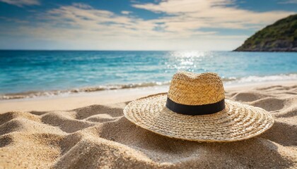 Fototapeta na wymiar Straw hat on the beach. Beach holiday concept. 
