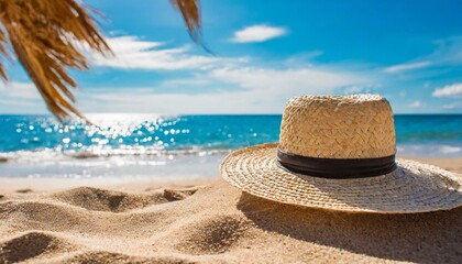 Obraz na płótnie Canvas Straw hat on the beach. Beach holiday concept.