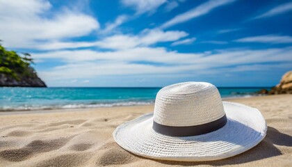 Fototapeta na wymiar White Straw hat on the beach. Beach holiday concept.