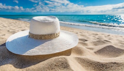 White Straw hat on the beach. Beach holiday concept.