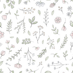 Seamless pattern with varied simple small pink flowers, plants and leaves isolated on white background. Watercolor hand drawn illustration