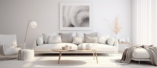 A white living room with a sofa and other white furniture pieces. A painting hangs on the wall as the main focal point of the room.