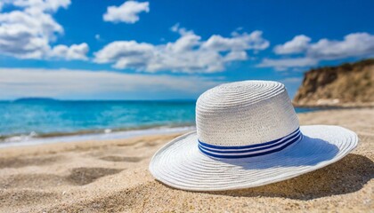 Fototapeta na wymiar White Straw hat on the beach. Beach holiday concept. Travel, summer, holiday concept.