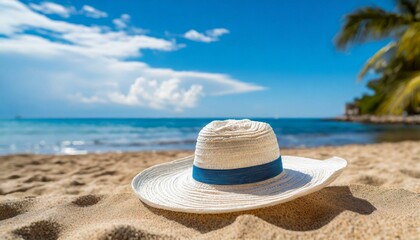 Fototapeta na wymiar White Straw hat on the beach. Beach holiday concept