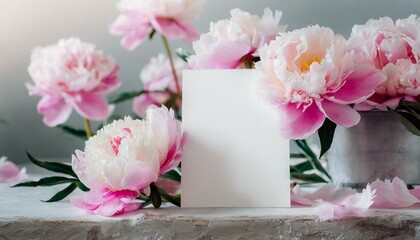 Mockup card on the background of pink peonies, can be used as a greeting card or as an invitation to a wedding or other 