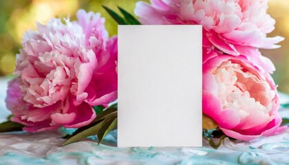 Mockup card on the background of pink peonies, can be used as a greeting card or as an invitation to a wedding or other 
