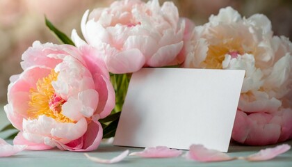 Mockup card on the background of pink peonies, can be used as a greeting card or as an invitation to a wedding or other