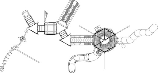 Vector sketch illustration of design of children's playground toys for playing in the field seen from above