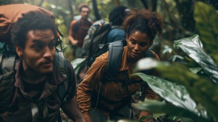 Fototapeta premium A diverse group of people navigating through a dense jungle with each person using unique skills to lead the way and support team.