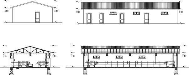 Vector sketch illustration of engineering design drawing for planning a cowshed farm