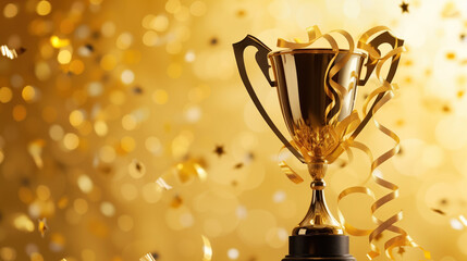 Golden Trophy with Ribbons and Confetti Celebrating Victory.