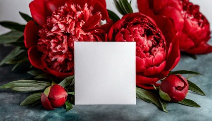 Mockup card on the background of red peonies, can be used as a greeting card or as an invitation to a wedding or other	
