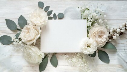 Wedding, birthday, anniversary card. Blank paper greeting card, invitation. Decorative floral composition with mock-up. 