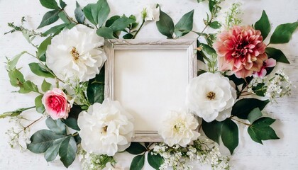 Overhead Floral Border with Blank Card Space. Overhead view of floral border with blank space for text, ideal for romantic events