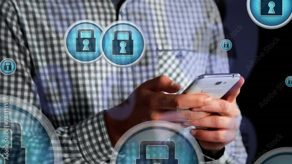 Poster animation of media icons and data processing over caucasian man using smartphone