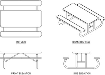 Vector sketch illustration of modern industrial style urban garden bench and table chair design