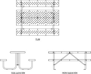 Vector sketch illustration of the design of benches and tables in modern minimalist gardens and cafes